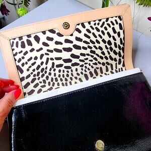 Kate Spade Black Patent Leather Clutch Shoulder Bag Animal Print Interior NWOT
